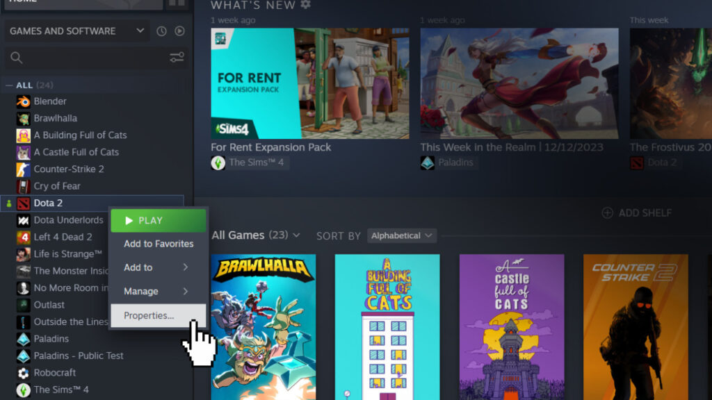 Шаг первый: нажмите «Свойства Dota 2» в Steam.<br>(Скриншот через esports.gg)